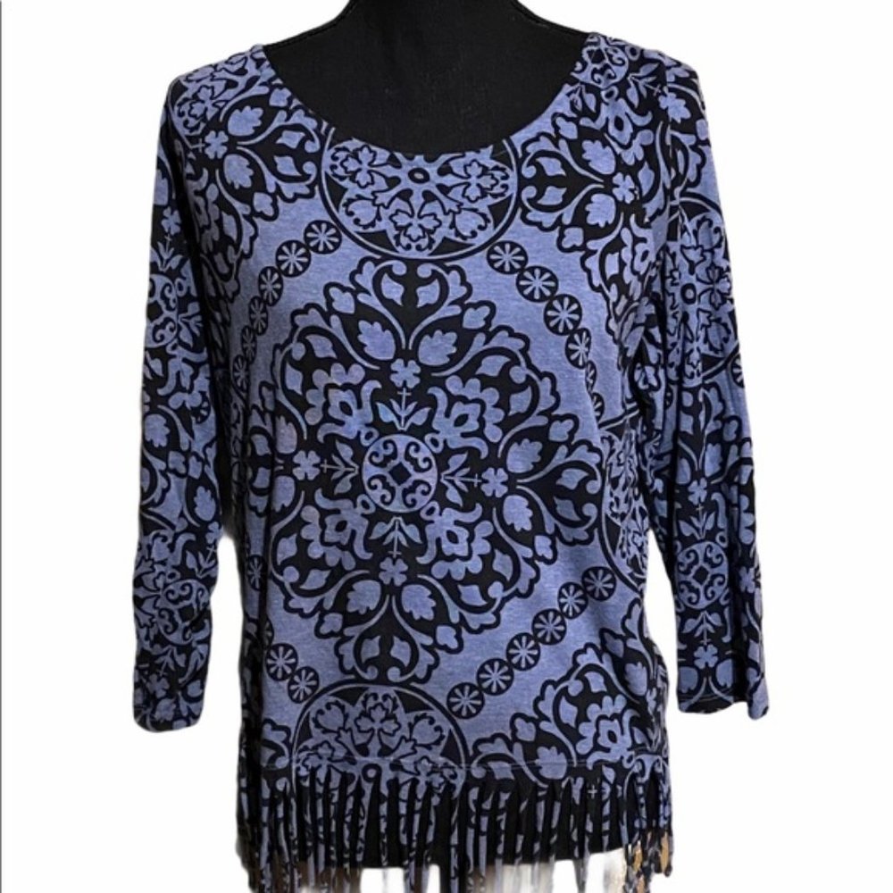 INC Medallion Print Fringe Trim Knit Top Medium